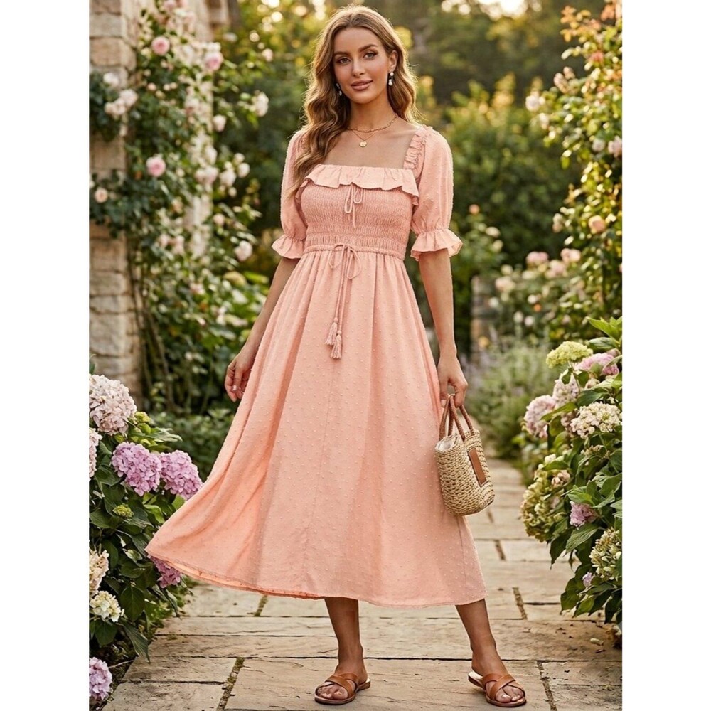 R.Yiposha Women Elastic Square Neck Ruffled Summer Flowy Midi Dresses Size M